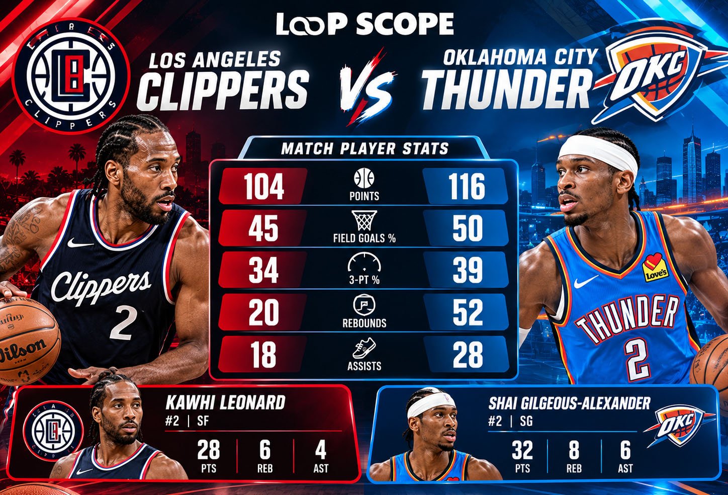 la clippers vs oklahoma city thunder match player stats